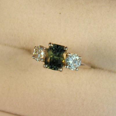Three Stone Green Emerald and Diamonds Platinum Ring - Upper-Luxury