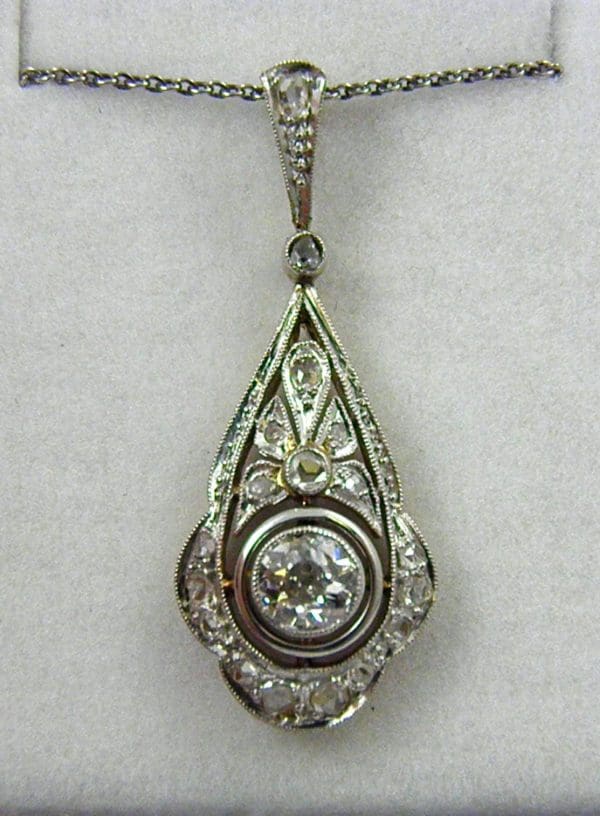 Edwardian Platinum over Gold Filigree Diamond Pendant 1