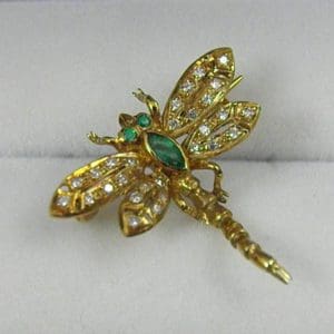 Estate Diamond   Emerald Dragonfly Brooch 1