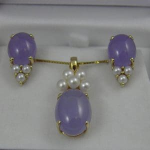 Estate Lavender Jade and Pearl Pendant   Earrings 1