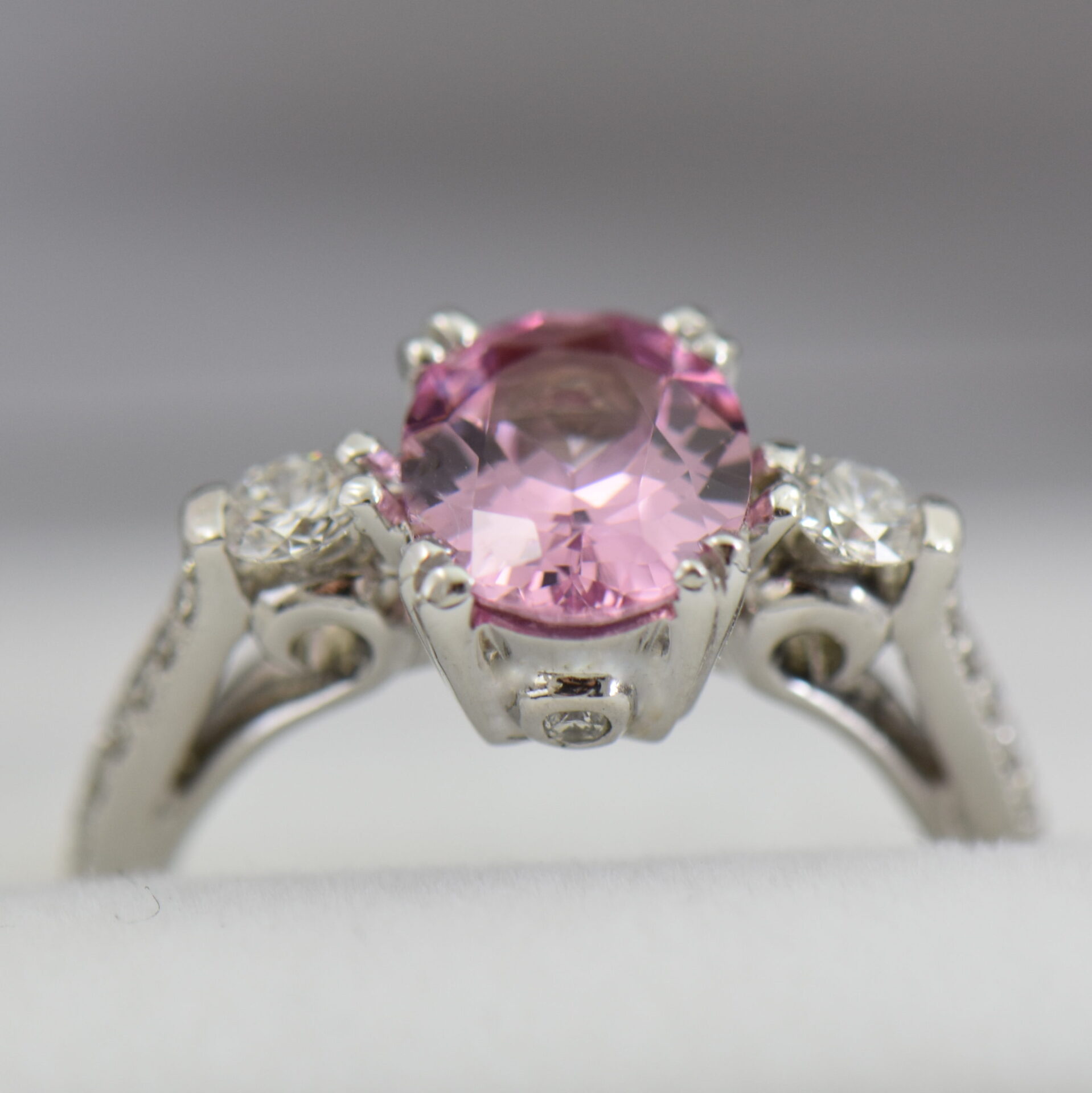 Baby Pink Spinel and Diamond 3-Stone Engagement Ring