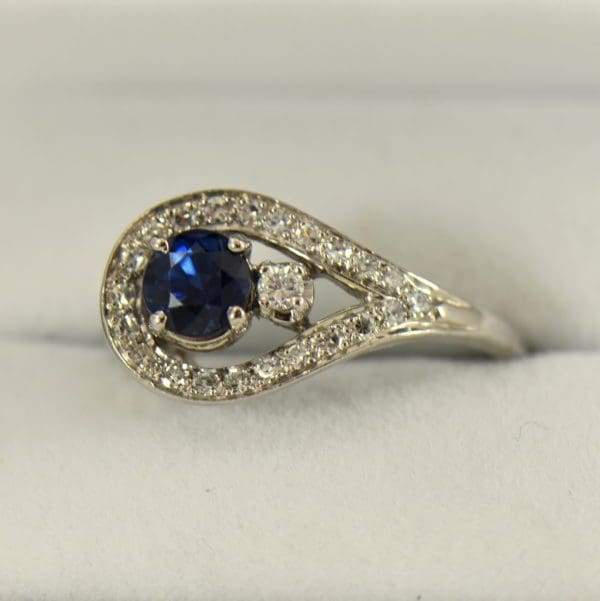 Mid-Century Navy Blue Sapphire & Diamond Ring in White Gold