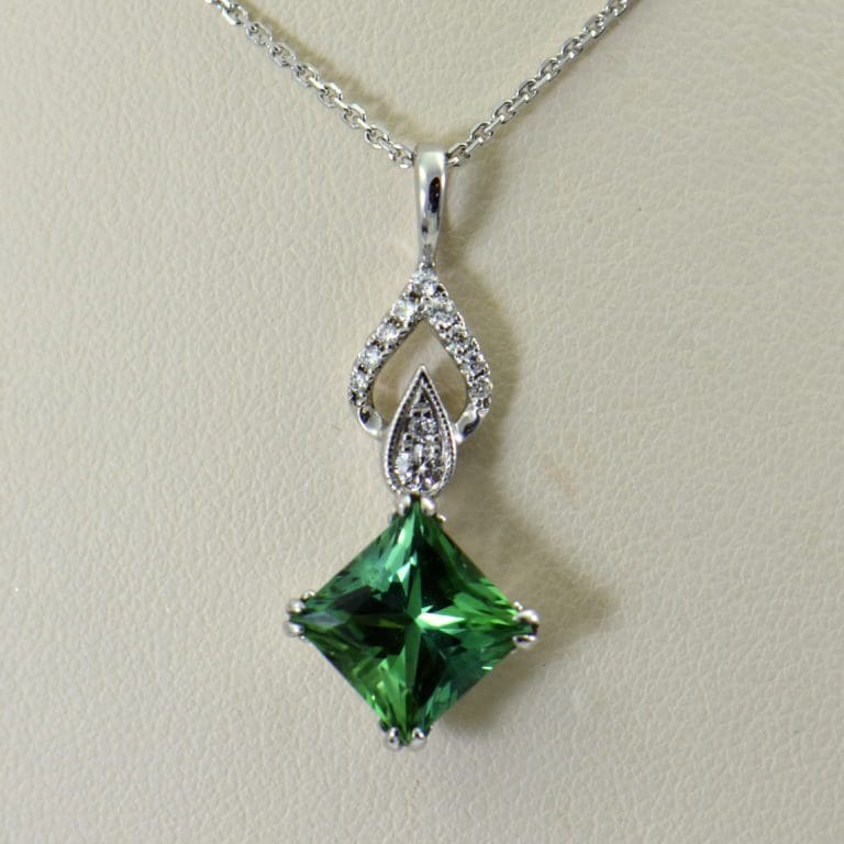 Vintage Style Teal-Green Tourmaline & Diamond Pendant