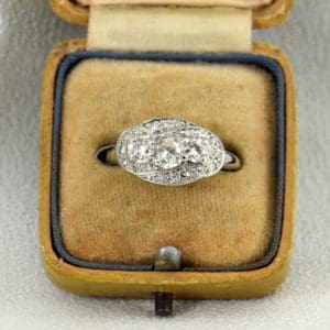 Art Deco Mine Cut Diamond 3 Stone Ring White Gold