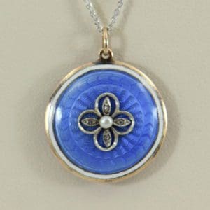 Blue Enamel Pearl  Rose Cut Diamond Pendant