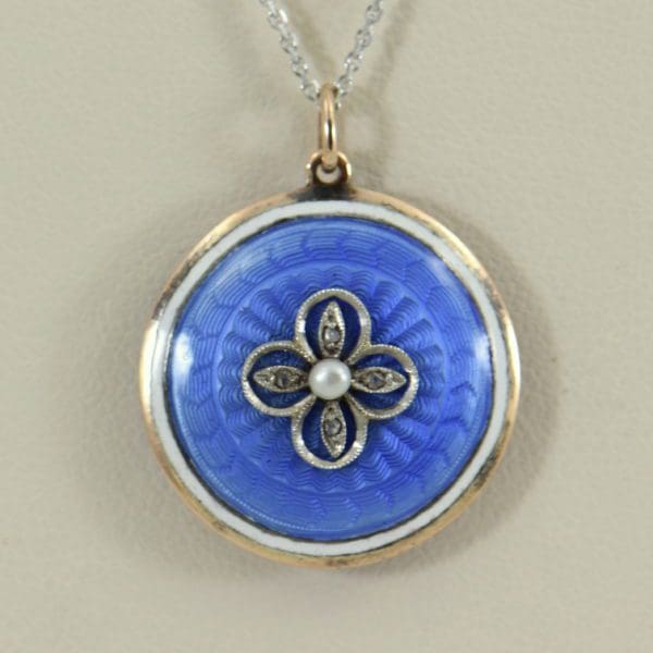 Blue Enamel Pearl  Rose Cut Diamond Pendant