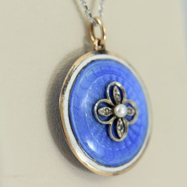 Blue Enamel Pearl  Rose Cut Diamond Pendant 2