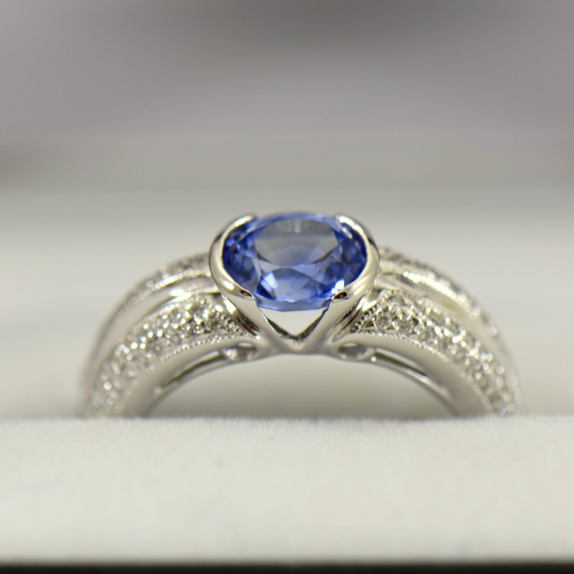 Modern Half-Bezel Set Sapphire & Pave' Diamond Ring