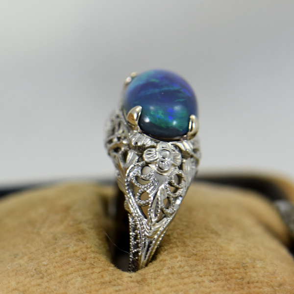 Art Deco Filigree Ring with Peacock Australian Black Opal | Exquisite ...