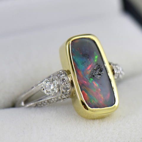 Custom Red-Flash Boulder Opal Ring in Two Tone Gold