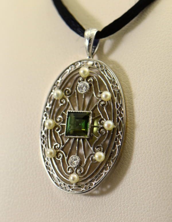 Edwardian Platinum Filigree Pendant with Tourmaline Diamonds  Pearls.JPG