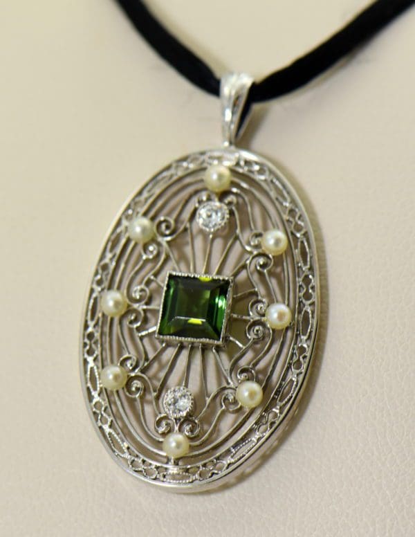 Edwardian Platinum Filigree Pendant with Tourmaline Diamonds  Pearls 2.JPG