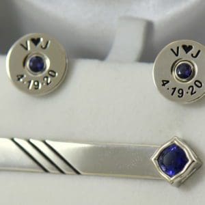 Johns shotgun cufflinks and tiebar with iolite.JPG