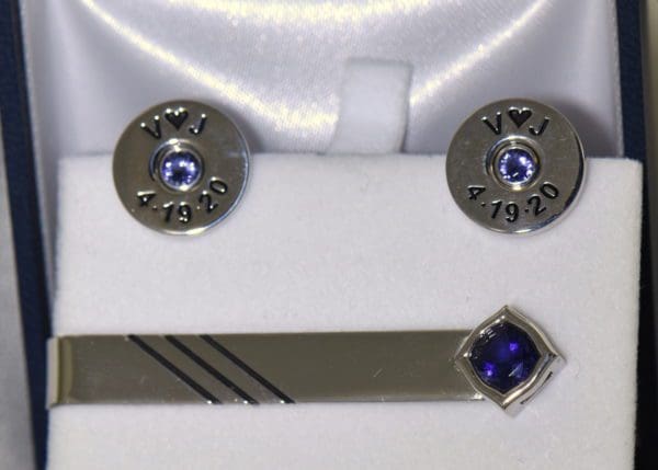 Johns shotgun cufflinks and tiebar with iolite 2.JPG