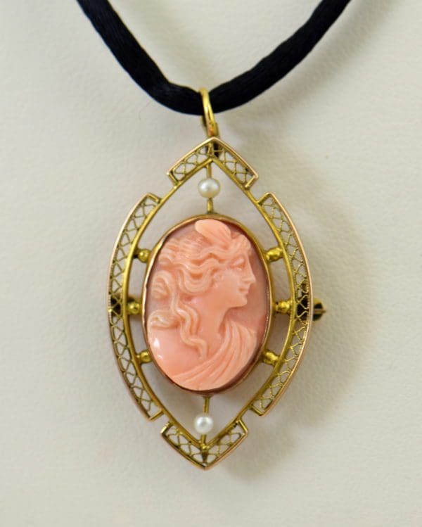 Carved Coral Cameo Pin pendant in Filigree.JPG