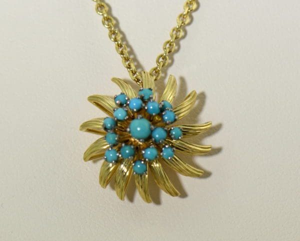 Mid Century Turquoise Gold Starburst pendant.JPG