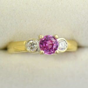 Round pink sapphire bezel diamond three stone ring 2.JPG