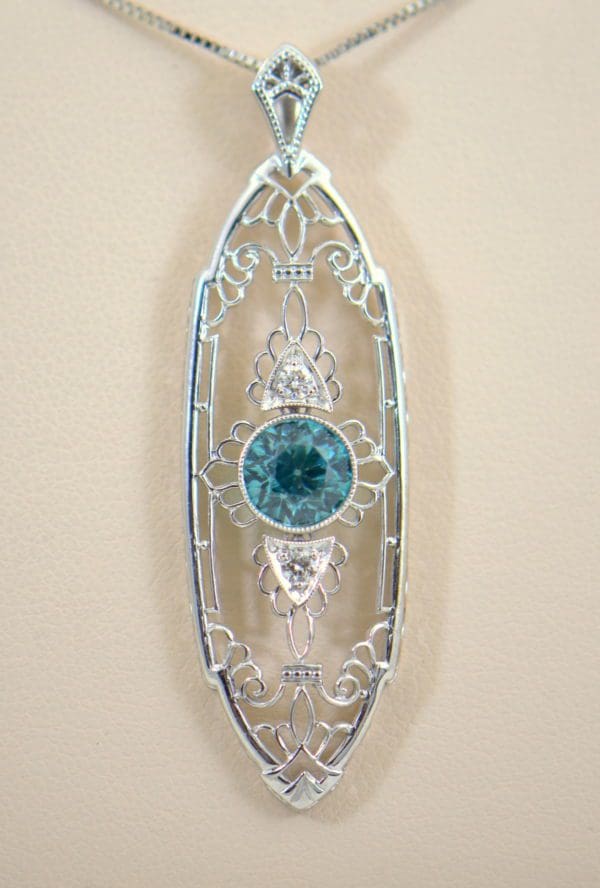 Deco Blue Zircon Pendant with White Gold Filigree 3.JPG