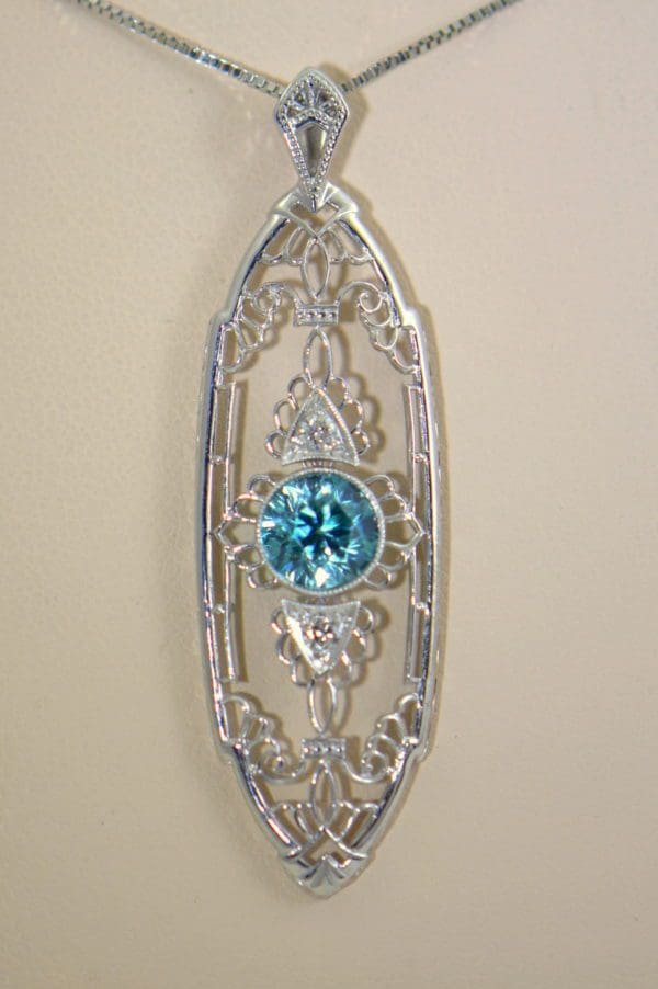 Deco Blue Zircon Pendant with White Gold Filigree 4.JPG