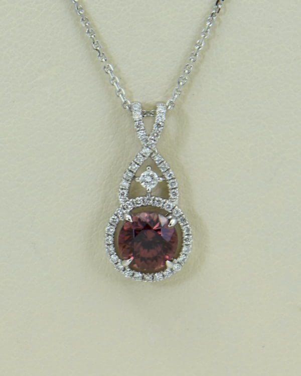 African Pink Rose Zircon Diamond Halo Pendant White Gold.JPG