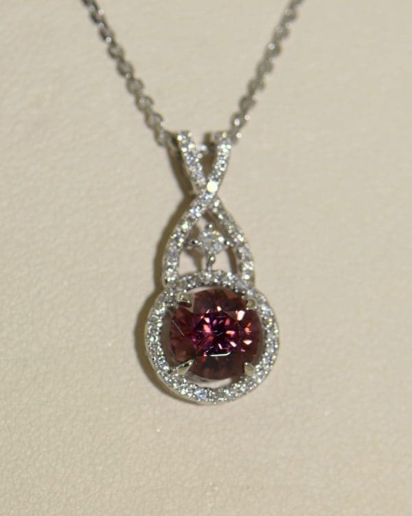 African Pink Rose Zircon Diamond Halo Pendant White Gold 3.JPG