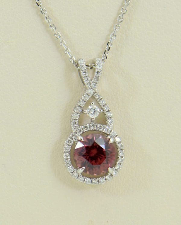 African Pink Rose Zircon Diamond Halo Pendant White Gold 6.JPG