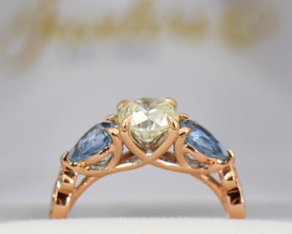 Custom Rose Gold Engagement Ring with Diamond Pear Aquamarines 4.JPG