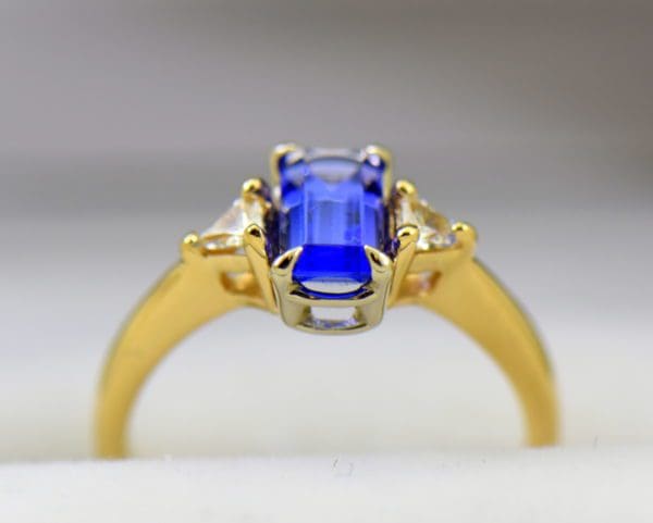 Petite Emerald Cut Tanzanite Trillion Diamond Yellow Gold Ring 2.JPG