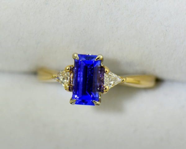 Petite Emerald Cut Tanzanite Trillion Diamond Yellow Gold Ring 4.JPG