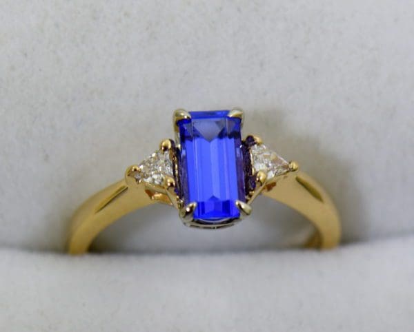 Petite Emerald Cut Tanzanite Trillion Diamond Yellow Gold Ring 5.JPG