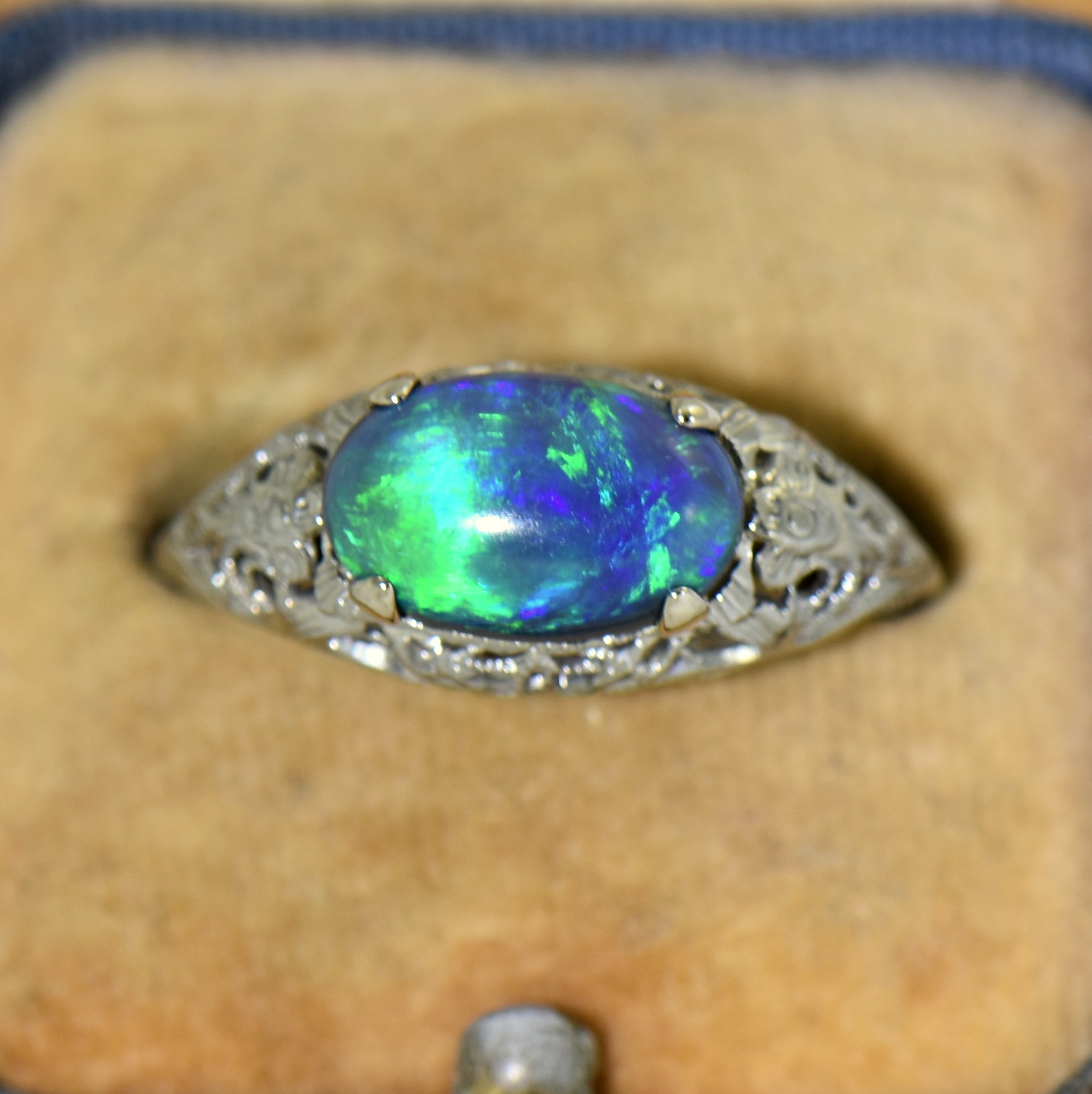 Art Deco Filigree Ring with Lightning Ridge Peacock Color Black Opal 3