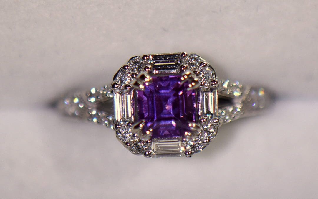 asscher cut orchid purple sapphire engagement ring diamond halo