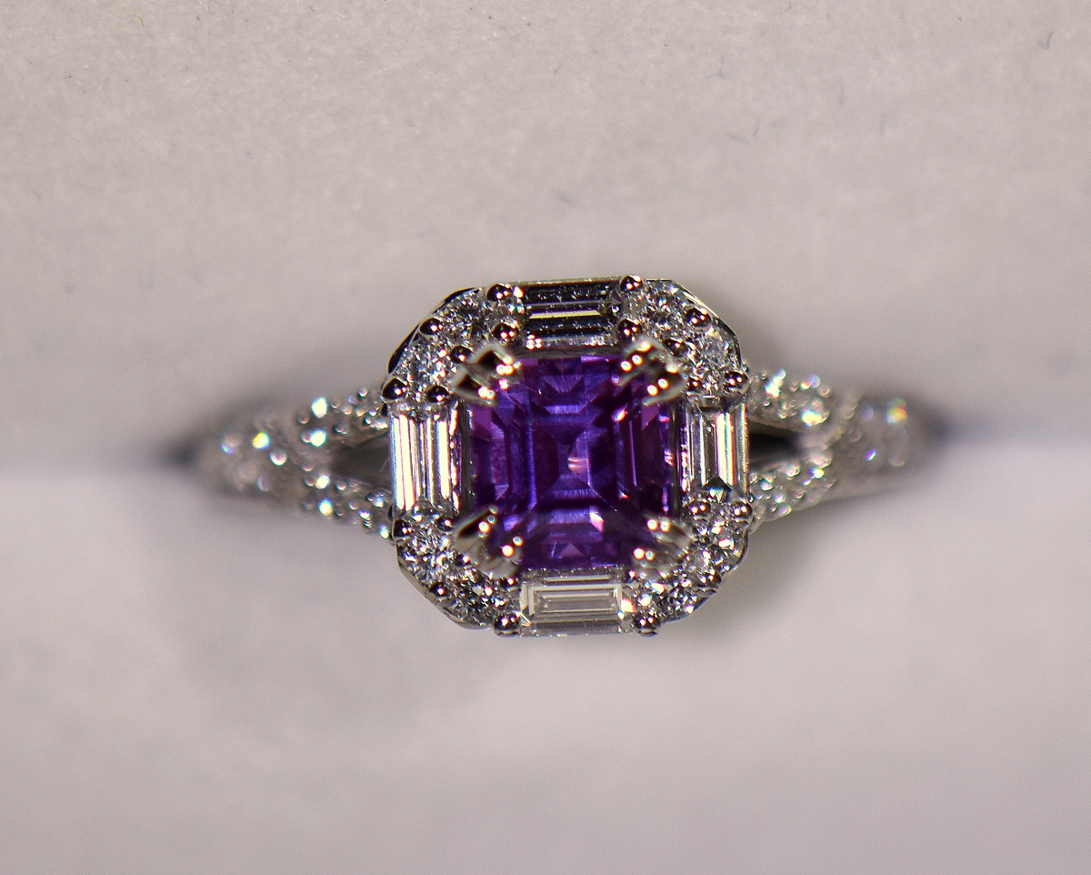 asscher cut orchid purple sapphire engagement ring diamond halo