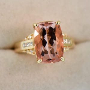 cushion cut morganite and diamond cocktail ring yellow gold