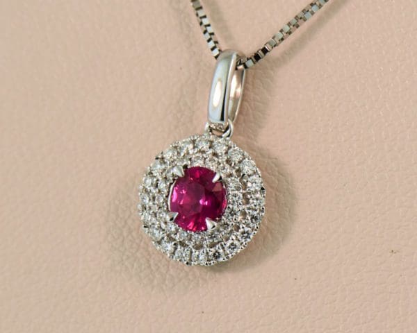 classic ruby and diamond double halo pendant 5