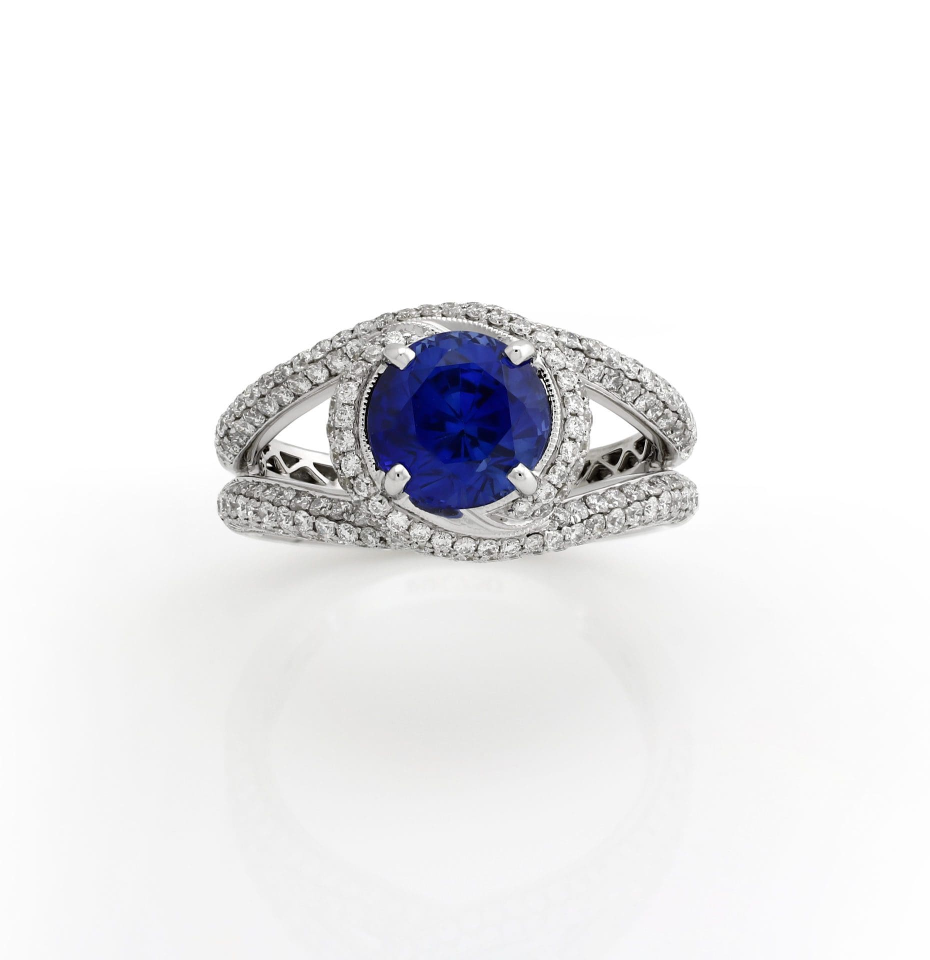 3.70ct Blue Sapphire & Diamond Halo Engagement Ring Split Band