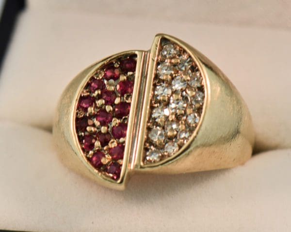 mid century gold mens yin yang ring with rubies and diamonds