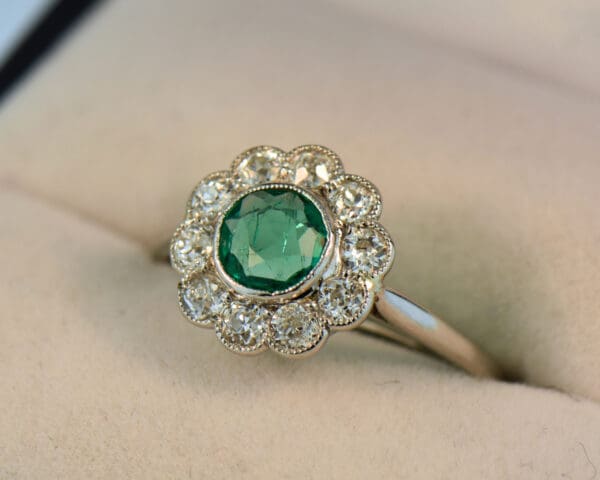 art deco platinum emerald diamond flower halo ring 2