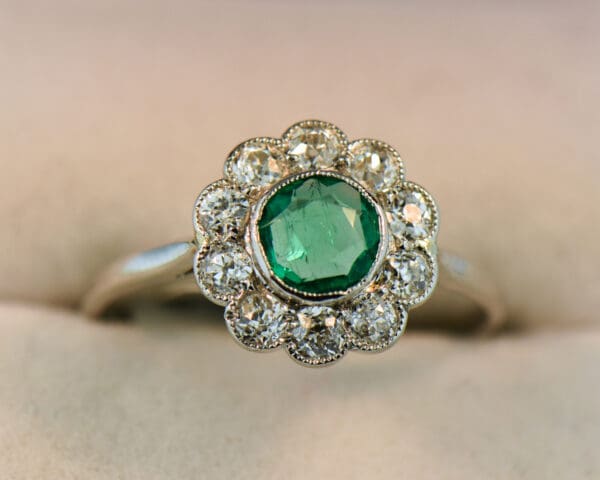 art deco platinum emerald diamond flower halo ring 4