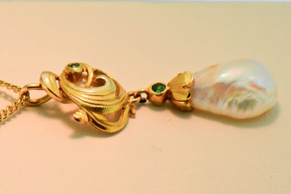 art nouveau baroque river pearl and demantoid garnet lavalier pendant 2