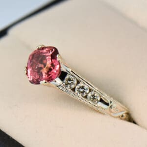 custom padparadscha sapphire and diamond carved white gold engagement ring