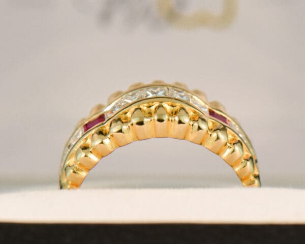 estate yellow gold ring with row of channel set diamonds and rubies 2