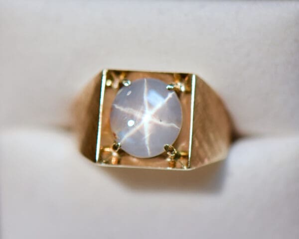 mid century textured gold gents ring with amazing natural star sapphire