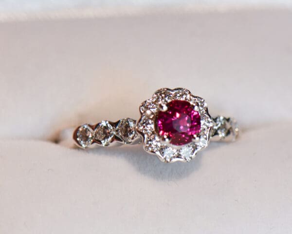 neon magenta red round burmese ruby and diamond halo ring 3