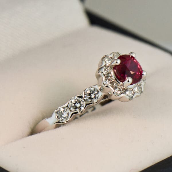 neon magenta red round burmese ruby and diamond halo ring 4