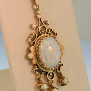 vintage mid century gold and white opal fringe pendant