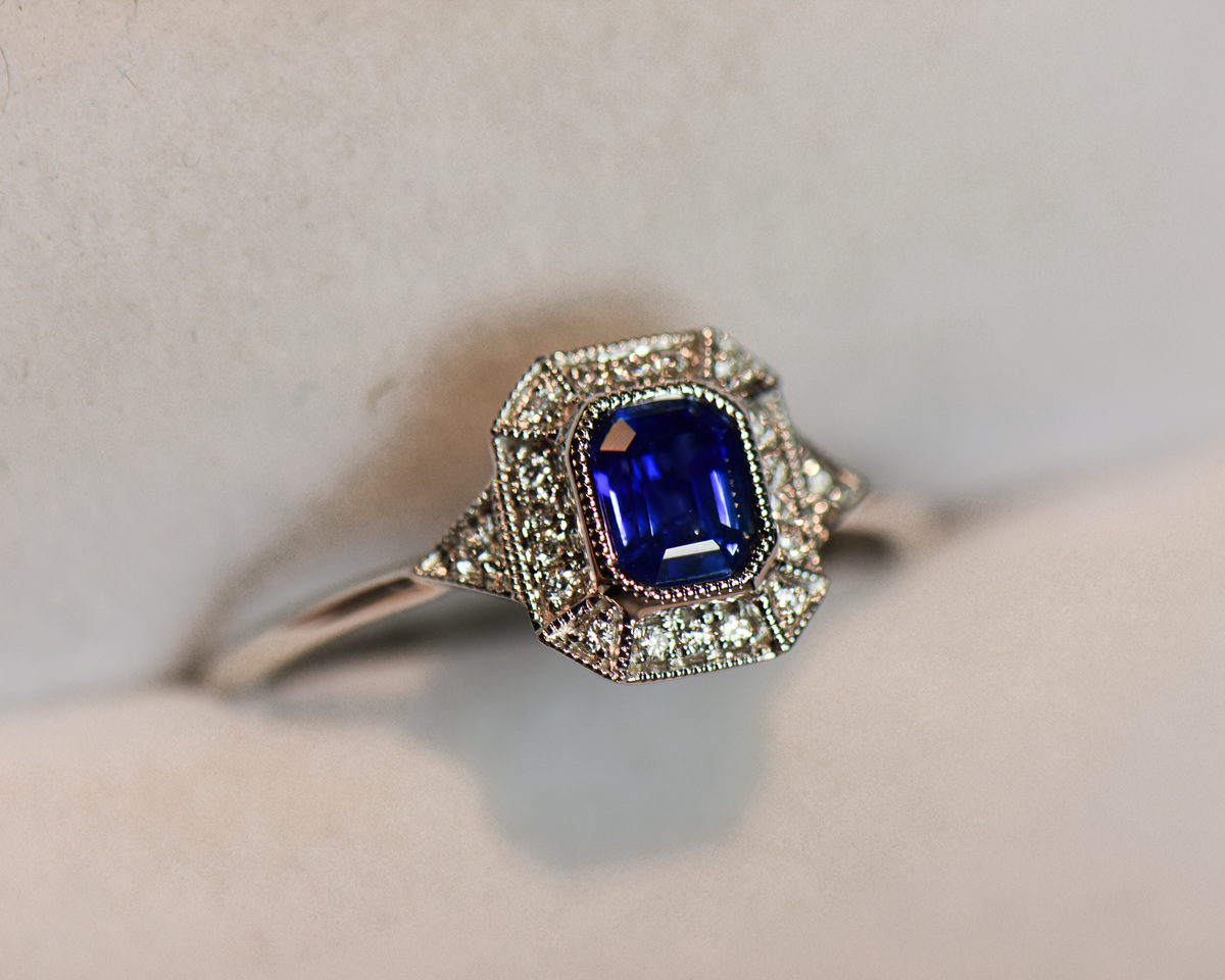 Princess Cut Diamond Ring, Engagement Ring, Vintage Art Deco Ring, orders Milgrain Bezel Set Ring, Blue Sapphire Halo Ring, 925 Sterling Silver