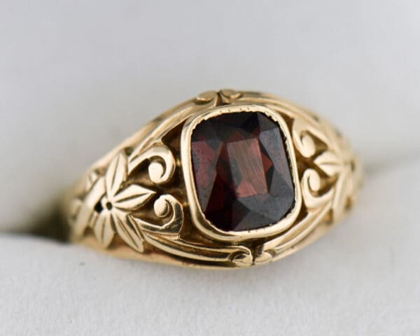 nouveau rose gold and garnet carved floral band ring 2