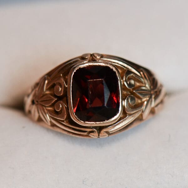 nouveau rose gold and garnet carved floral band ring 5