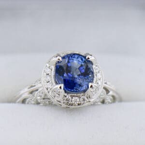 ceylon sapphire and white gold filigree engagement ring